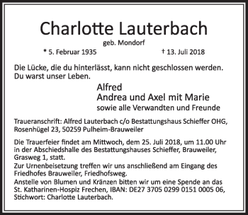 Anzeige von Charlotte Lauterbach von  Sonntags-Post 