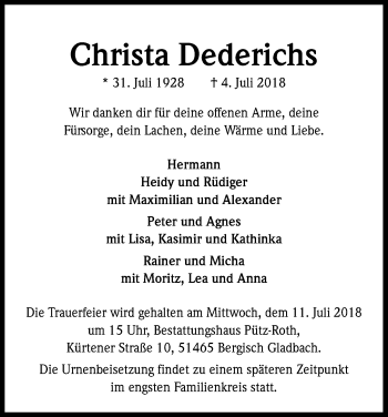 Anzeige von Christa Dederichs von RB