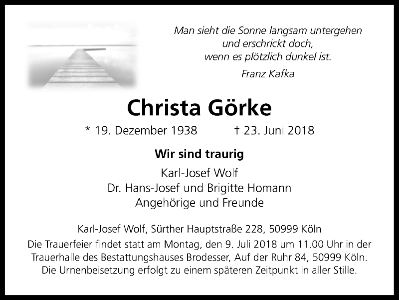  Traueranzeige für Christa Görke vom 07.07.2018 aus GS