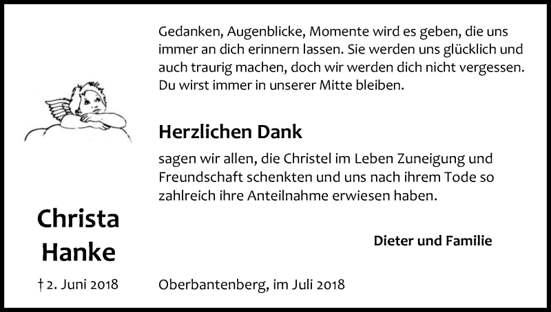  Traueranzeige für Christa Hanke vom 21.07.2018 aus OB