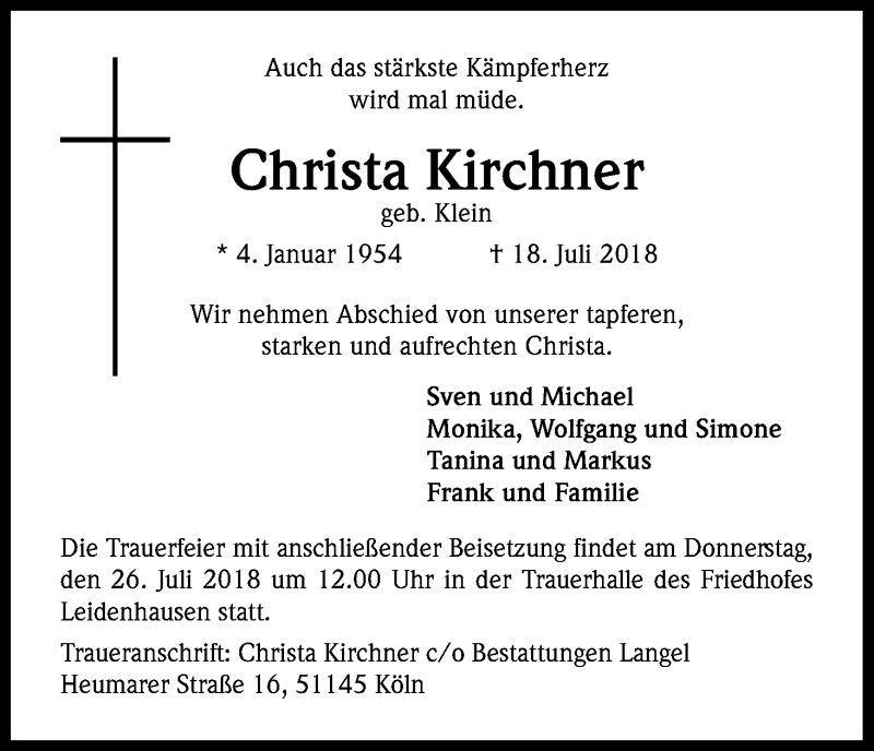  Traueranzeige für Christa Kirchner vom 21.07.2018 aus EXKB