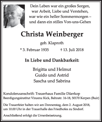 Anzeige von Christa Weinberger von  Sonntags-Post 