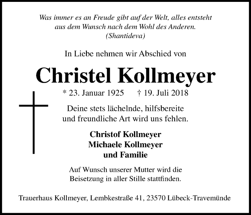  Traueranzeige für Christel Kollmeyer vom 28.07.2018 aus OB