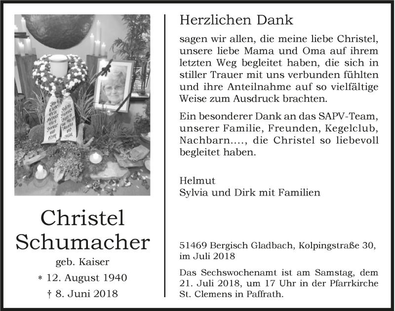  Traueranzeige für Christel Schumacher vom 14.07.2018 aus  Bergisches Sonntagsblatt 