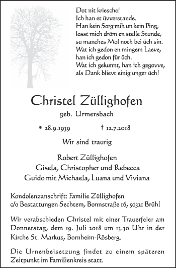 Anzeige von Christel Züllighofen von  Schlossbote/Werbekurier 