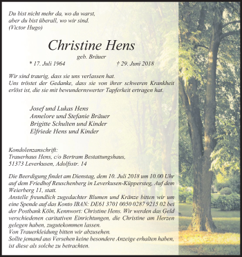 Anzeige von Christine Hens von SLE