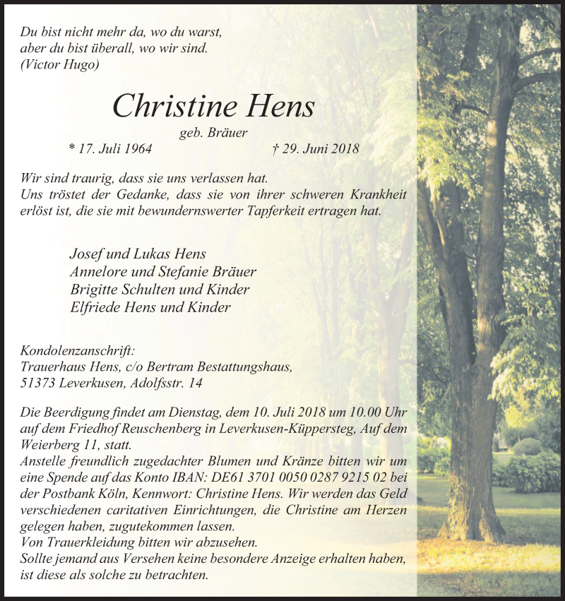  Traueranzeige für Christine Hens vom 07.07.2018 aus SLE