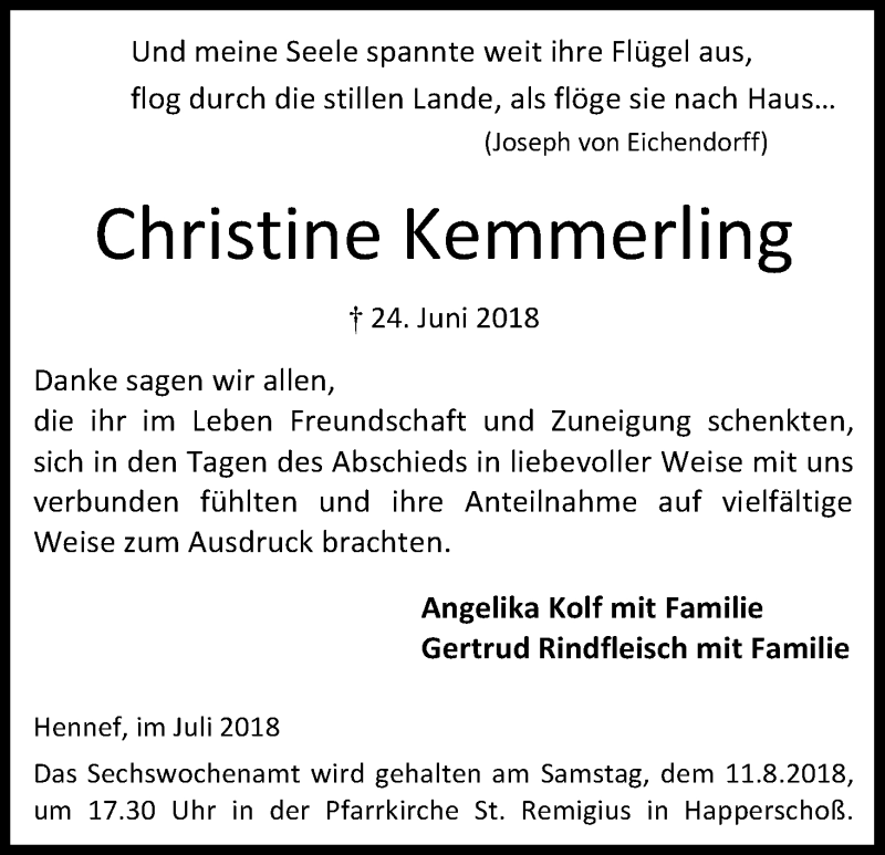 Traueranzeige für Christine Kemmerling vom 28.07.2018 aus HS