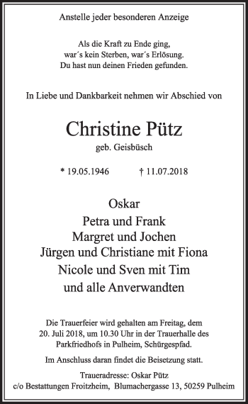 Anzeige von Christine Pütz von  Sonntags-Post 