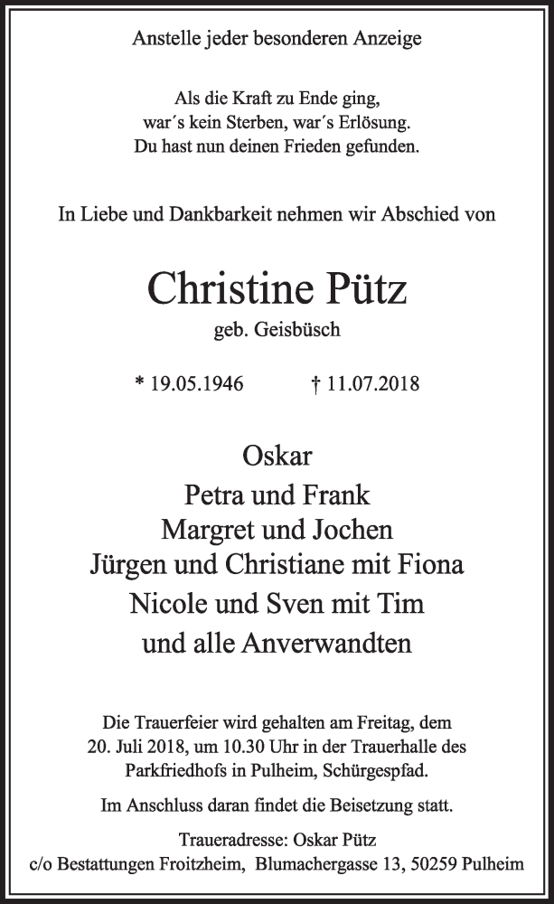  Traueranzeige für Christine Pütz vom 14.07.2018 aus  Sonntags-Post 