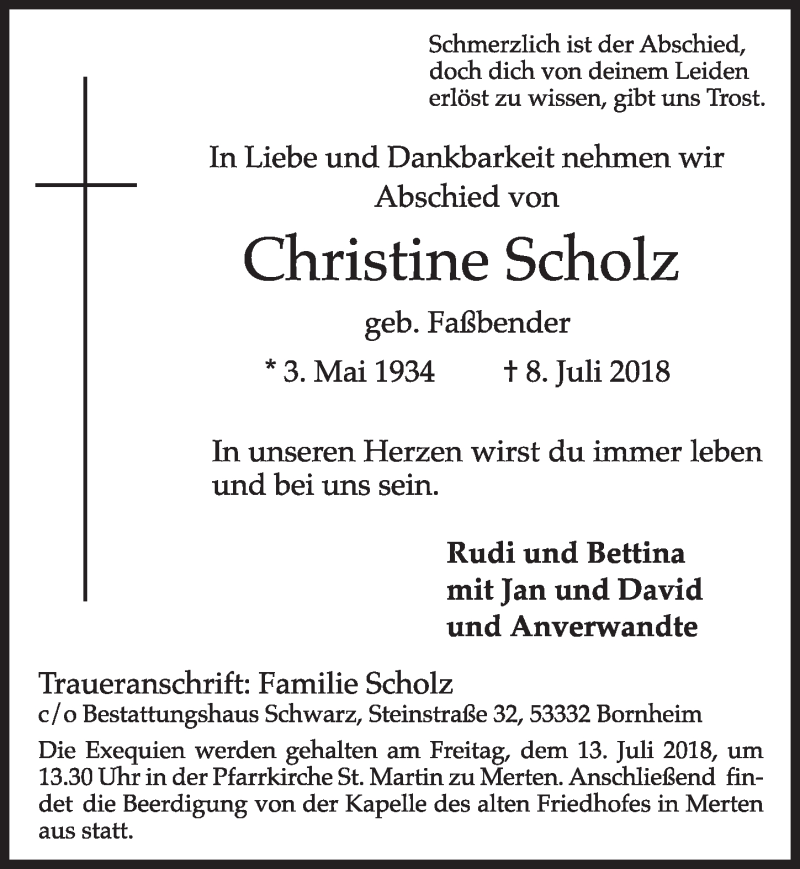  Traueranzeige für Christine Scholz vom 11.07.2018 aus  Schlossbote/Werbekurier 