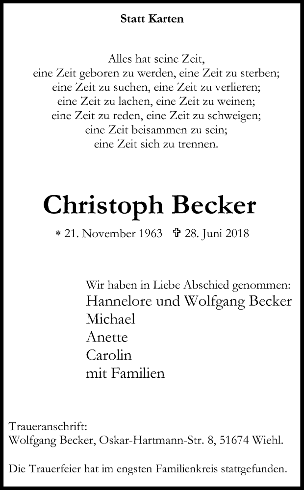  Traueranzeige für Christoph Becker vom 21.07.2018 aus OB