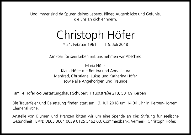  Traueranzeige für Christoph Höfer vom 11.07.2018 aus GS