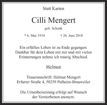 Anzeige von Cilli Mengert von  Werbepost 