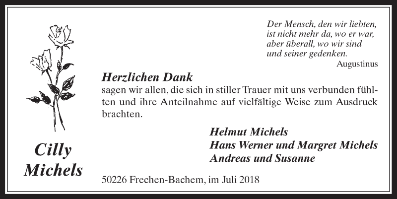  Traueranzeige für Cilly Michels vom 04.07.2018 aus  Wochenende 