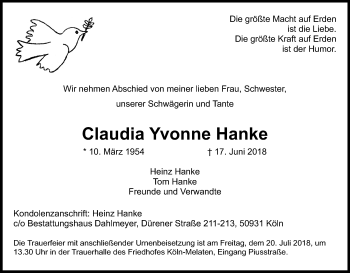 Anzeige von Claudia Yvonne Hanke von GS
