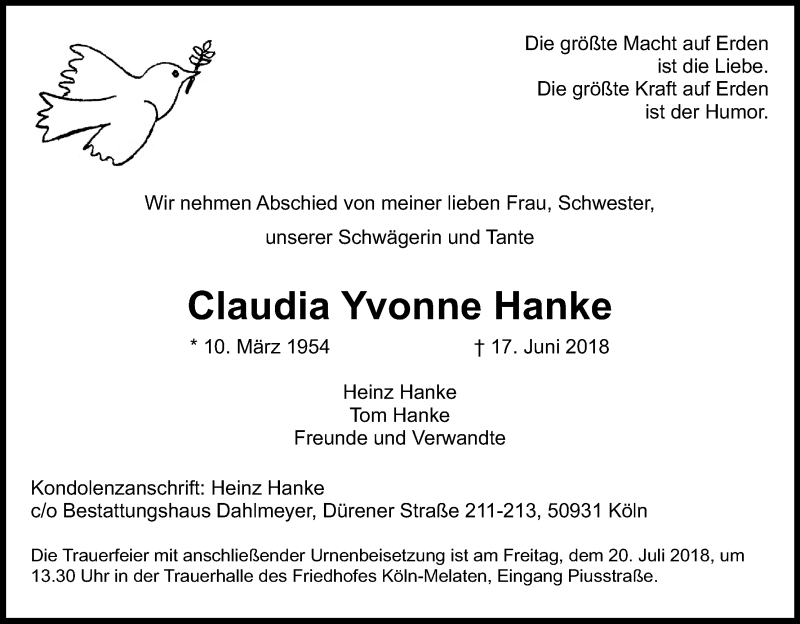  Traueranzeige für Claudia Yvonne Hanke vom 14.07.2018 aus GS
