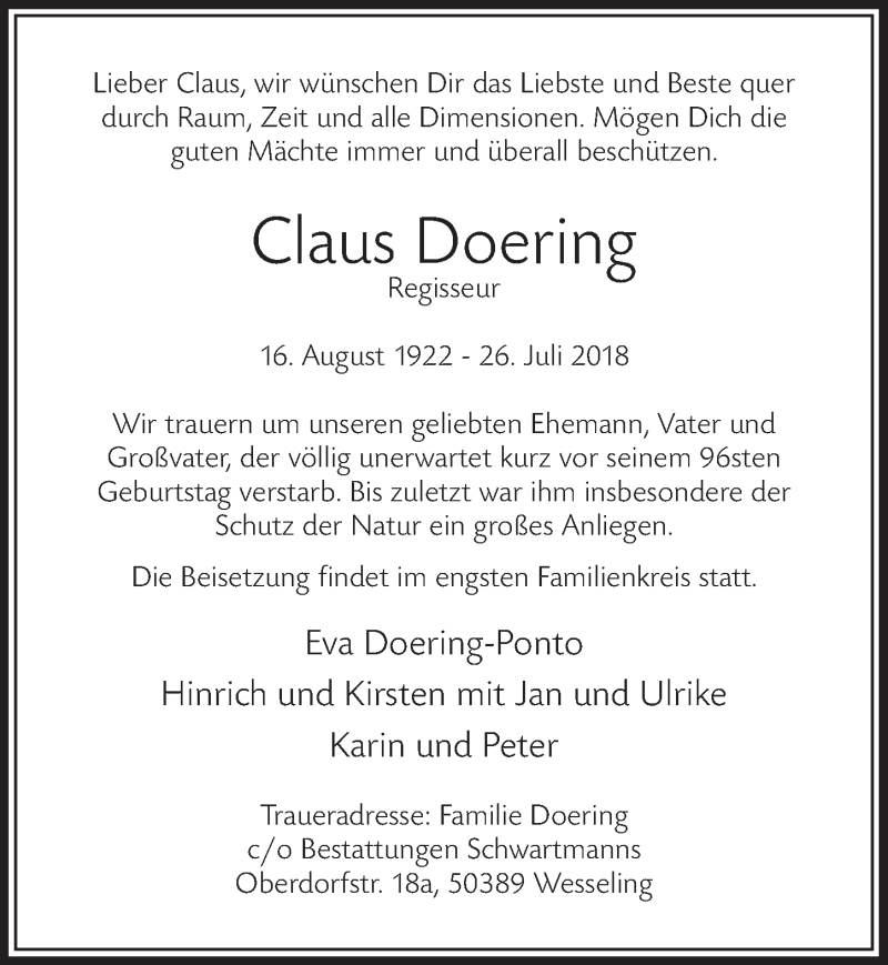  Traueranzeige für Claus Doering vom 01.08.2018 aus  Schlossbote/Werbekurier 