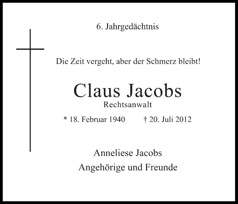  Traueranzeige für Claus Jacobs vom 20.07.2018 aus GS