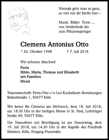Anzeige von Clemens Antonius Otto von GS