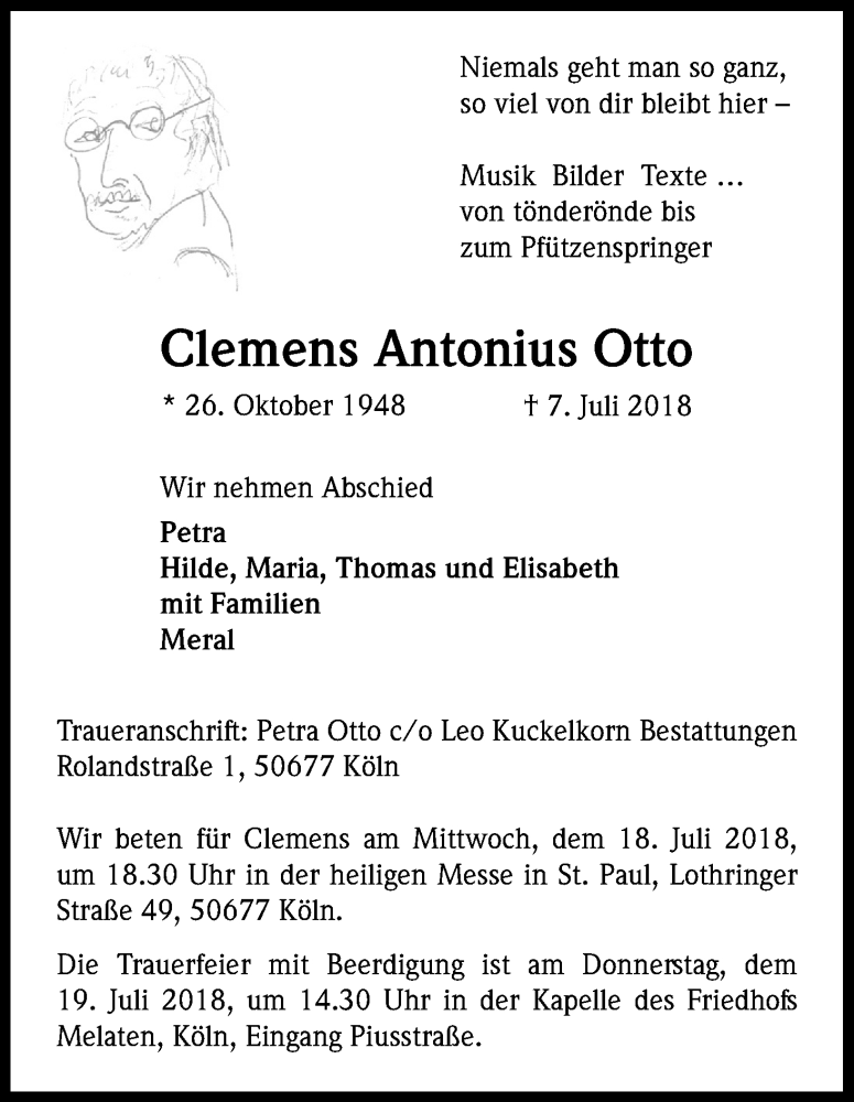  Traueranzeige für Clemens Antonius Otto vom 14.07.2018 aus GS
