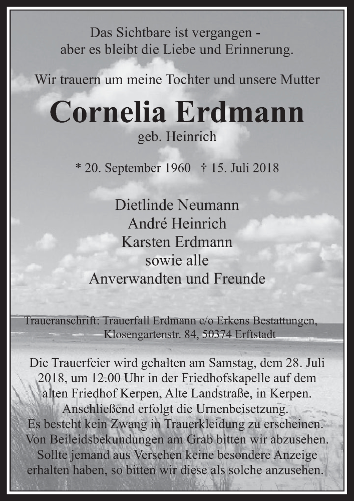  Traueranzeige für Cornelia Erdmann vom 25.07.2018 aus  Werbepost 