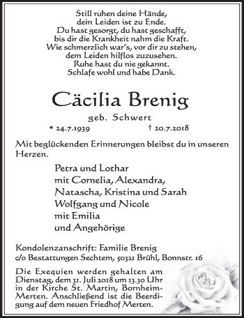 Anzeige von Cäcilia Brenig von  Schlossbote/Werbekurier 
