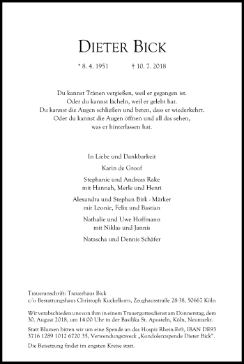 Anzeige von Dieter Bick von GS