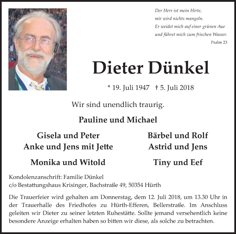  Traueranzeige für Dieter Dünkel vom 07.07.2018 aus GS