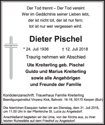 Anzeige von Dieter Pischel von  Sonntags-Post 