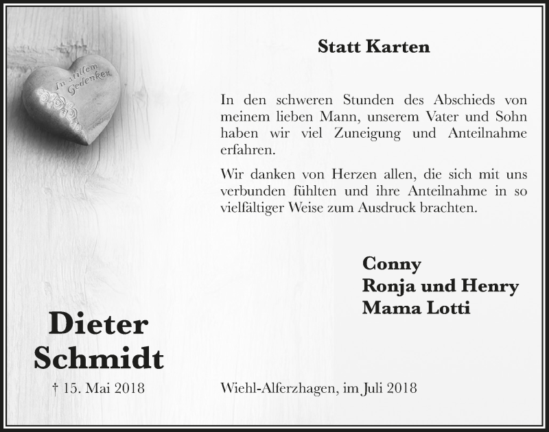  Traueranzeige für Dieter Schmidt vom 04.07.2018 aus  Anzeigen Echo 