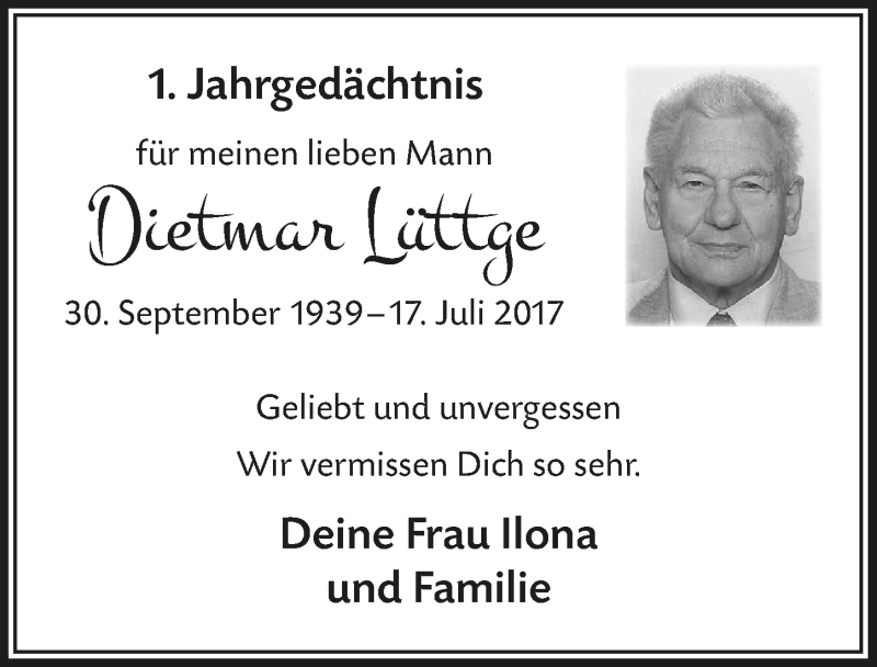  Traueranzeige für Dietmar Lüttge vom 14.07.2018 aus  Leverkusener Wochenende 