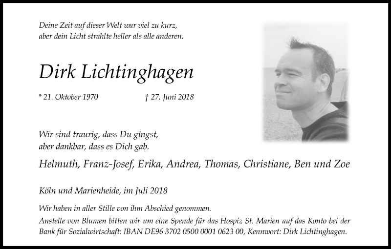  Traueranzeige für Dirk Lichtinghagen vom 21.07.2018 aus OB