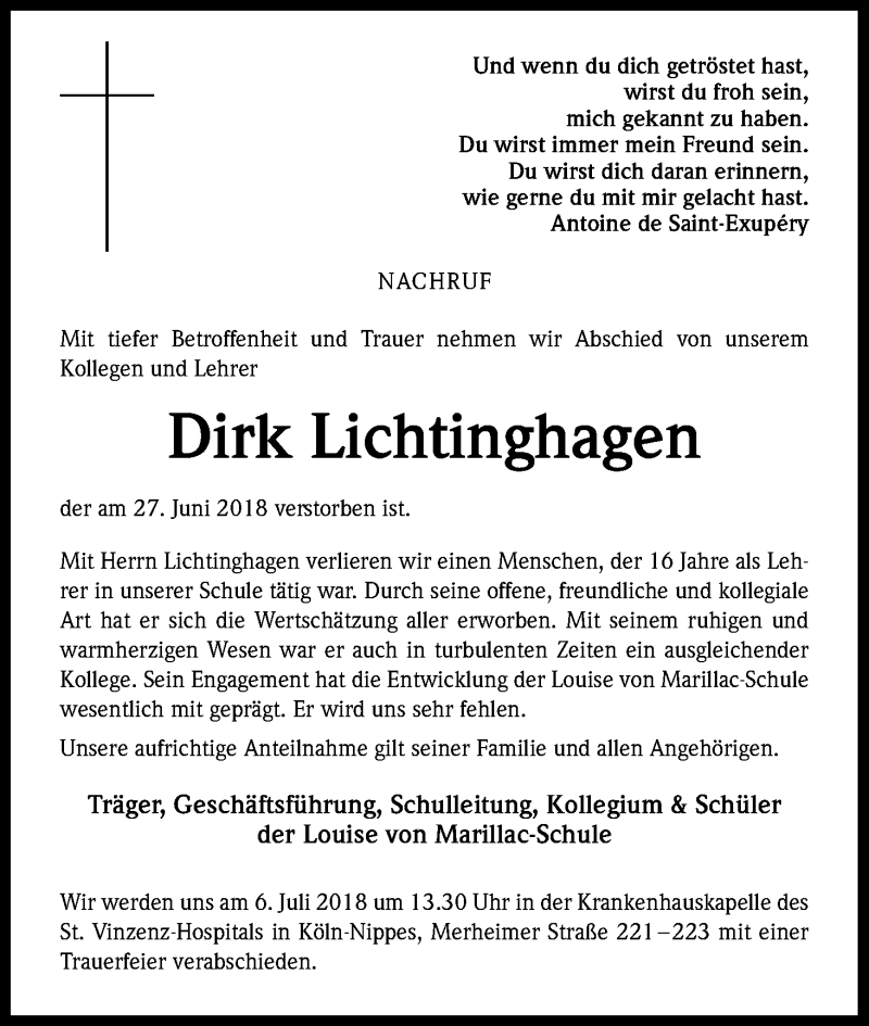 Traueranzeige für Dirk Lichtinghagen vom 02.07.2018 aus GS