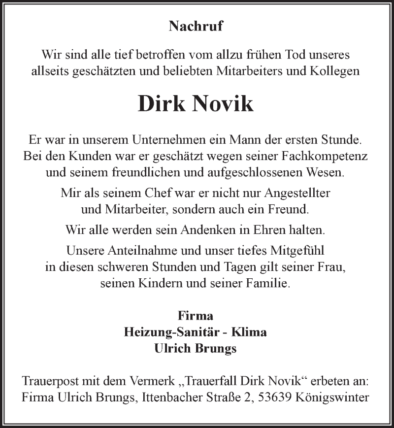  Traueranzeige für Dirk Novik vom 21.07.2018 aus  Rhein-Sieg-Wochenende 