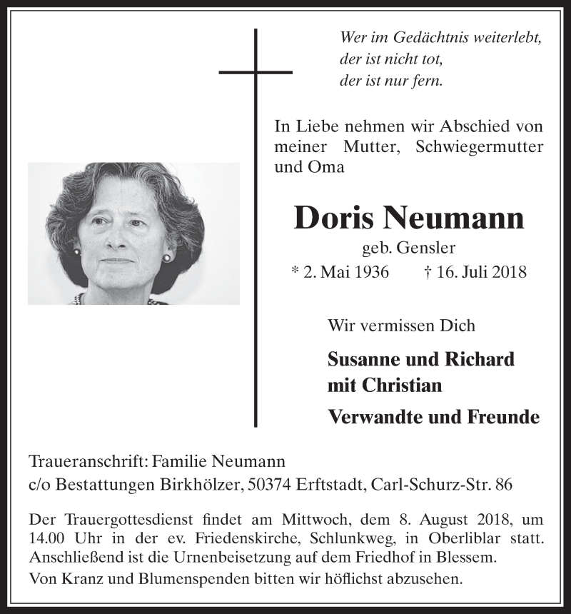  Traueranzeige für Doris Neumann vom 01.08.2018 aus  Werbepost 