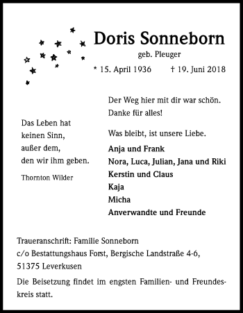 Anzeige von Doris Sonneborn von SLE