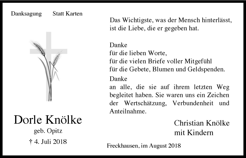  Traueranzeige für Dorle Knölke vom 01.08.2018 aus  Anzeigen Echo 