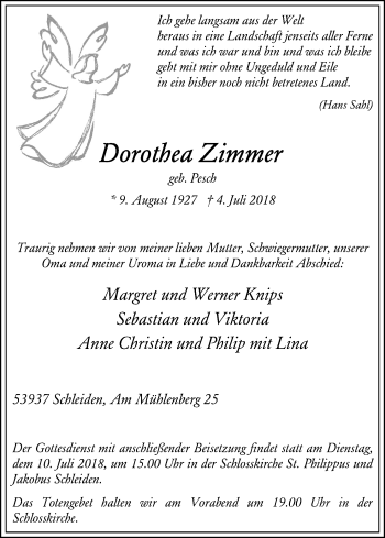 Anzeige von Dorothea Zimmer von EN