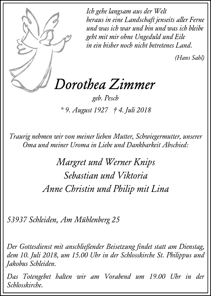  Traueranzeige für Dorothea Zimmer vom 07.07.2018 aus EN