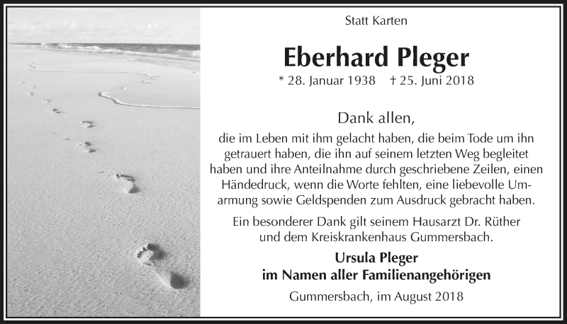  Traueranzeige für Eberhard Pleger vom 01.08.2018 aus  Anzeigen Echo 