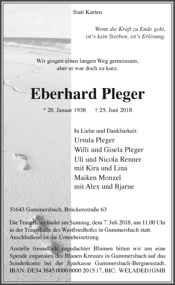  Traueranzeige für Eberhard Pleger vom 04.07.2018 aus  Anzeigen Echo 