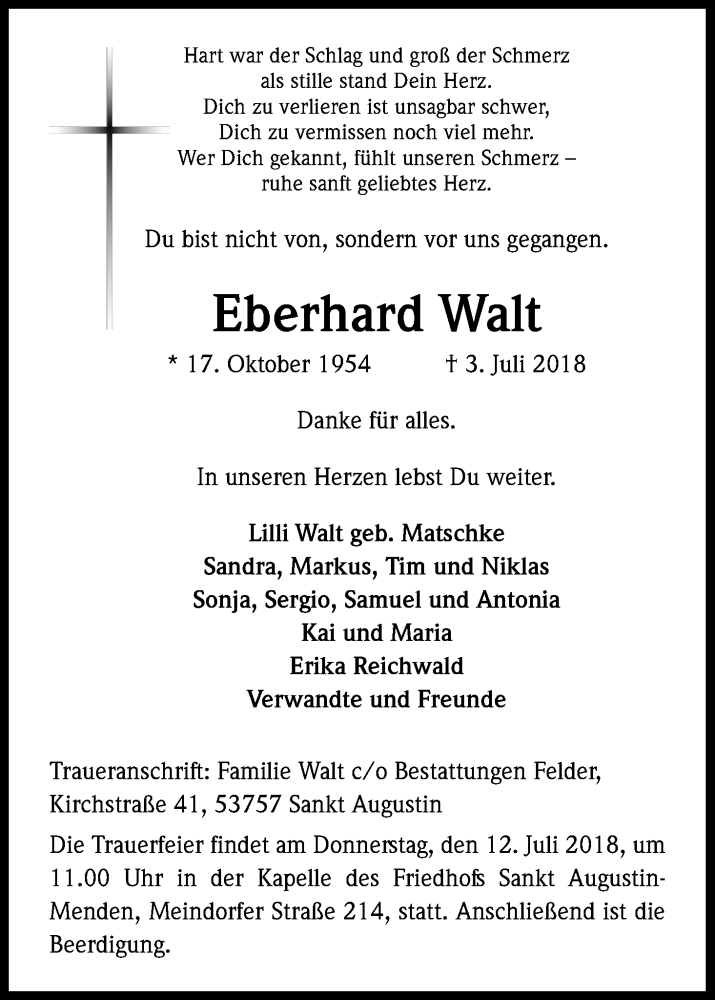  Traueranzeige für Eberhard Walt vom 07.07.2018 aus HS