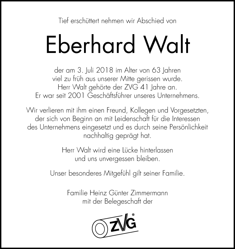  Traueranzeige für Eberhard Walt vom 07.07.2018 aus HS
