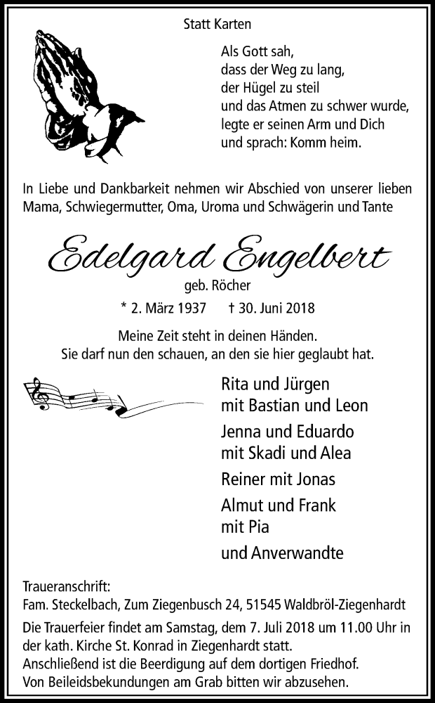  Traueranzeige für Edelgard Engelbert vom 04.07.2018 aus OB