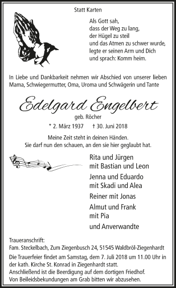 Anzeige von Edelgard Engelbert von  Lokalanzeiger 