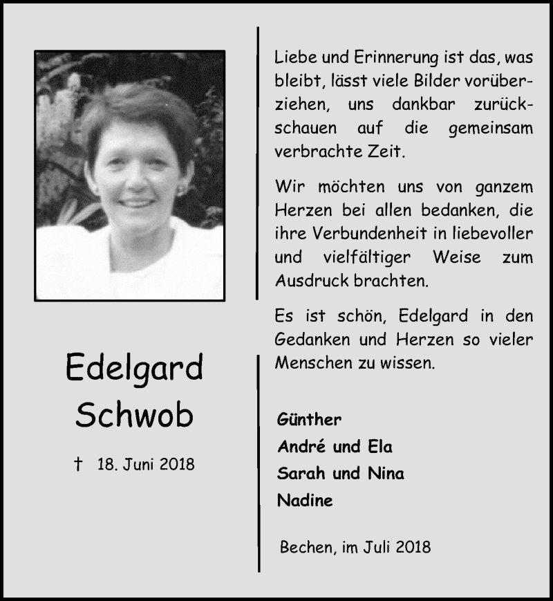  Traueranzeige für Edelgard Schwob vom 11.07.2018 aus  Bergisches Handelsblatt 