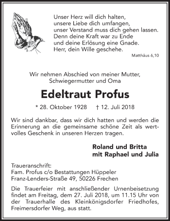 Anzeige von Edeltraut Profus von  Sonntags-Post 