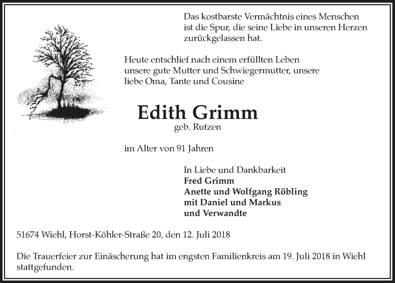  Traueranzeige für Edith Grimm vom 25.07.2018 aus  Anzeigen Echo 