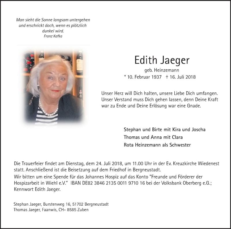  Traueranzeige für Edith Jaeger vom 21.07.2018 aus OB